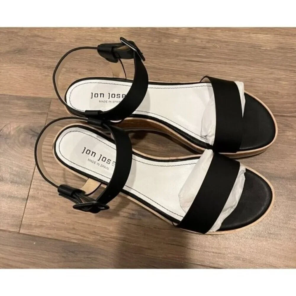 NWT Anthropologie Jon Josef Black Leather Cork Wedge Sandals Size 9